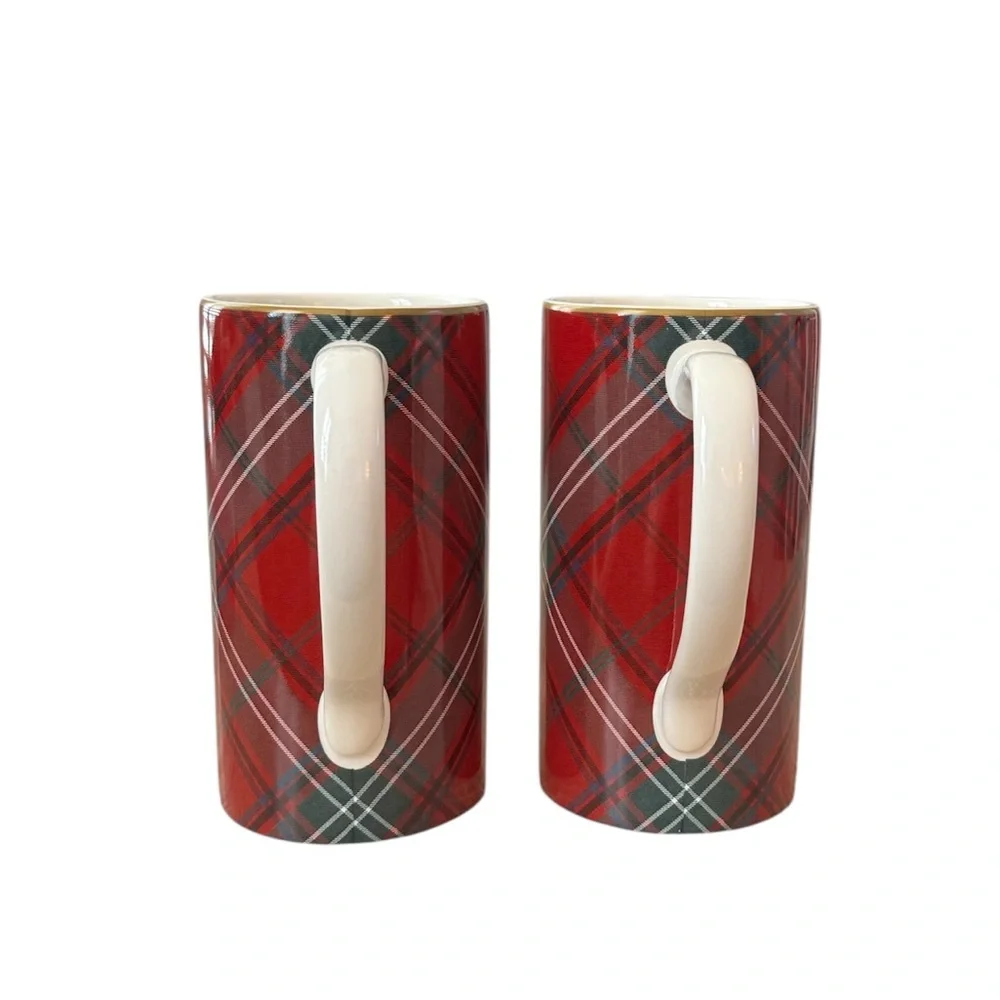 2 x Williams‎ Sonoma Red Green Tartan Plaid 6” Tall Coffee Hot Cocoa Mugs